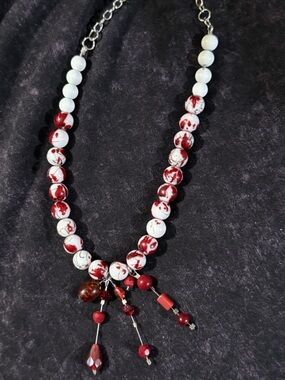 Red and White Beaded Statement Necklace - Women Jewelry